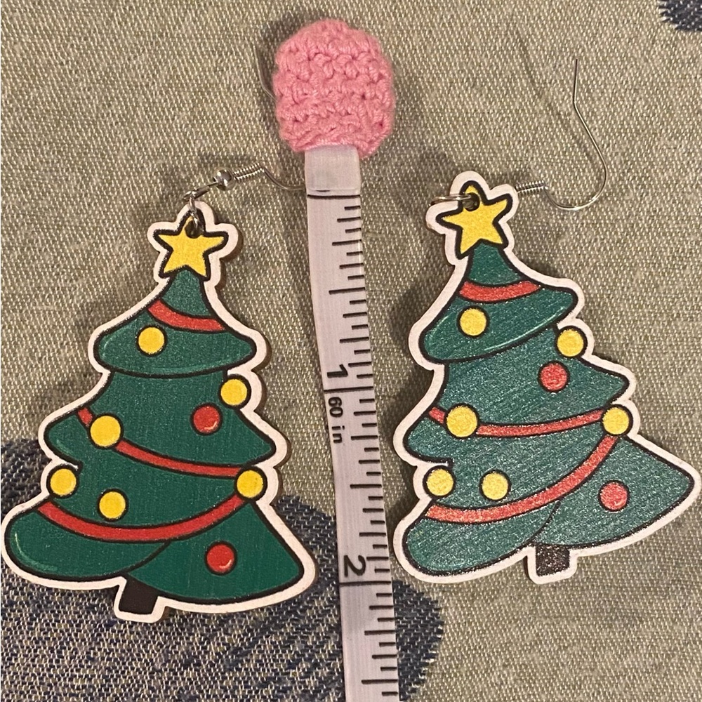 Festive Wooden Christmas Tree Earrings - Picture 2 of 3